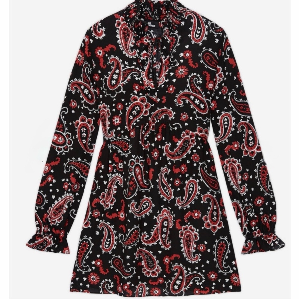 The Kooples Black and Red Paisley Long Sleeve Dress